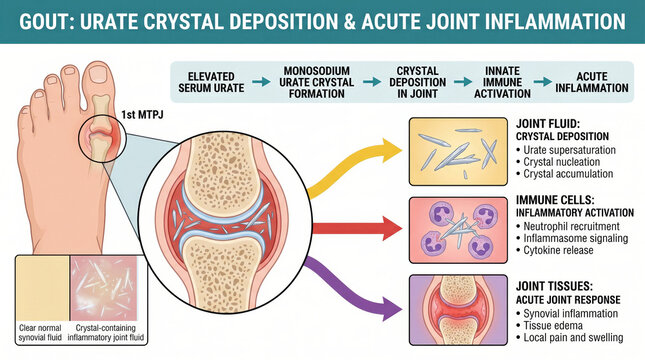 Gout pathophysiology: urate crystal deposition and acute joint inflammation explained