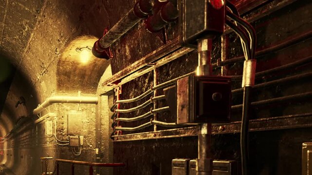 A person walks through a dimly lit underground tunnel. Metal railings line the walls and pipes run along the surface. The atmosphere is gritty and industrial.