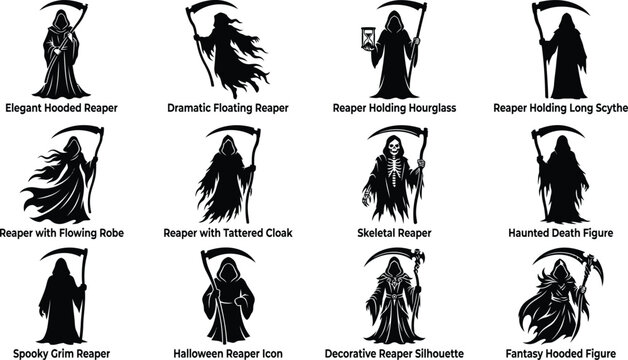 Collection of grim reaper silhouettes for halloween design projects featuring various poses of death with a scythe