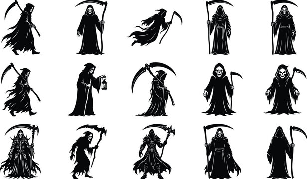Collection of grim reaper silhouettes for halloween design projects featuring various poses of death with scythes