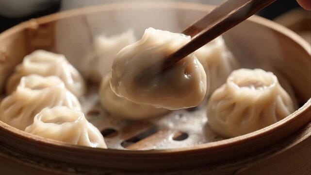 Chopsticks Lifting Hot Steamed Dumpling out of Bamboo Steamer Basket Close Up