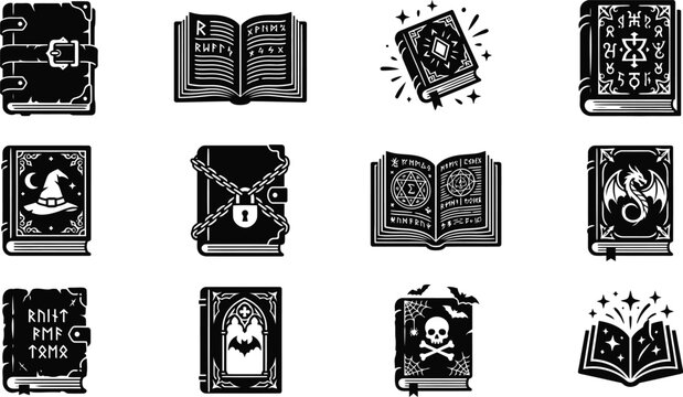 Set of black and white vintage magic spell books for halloween design and mystical occult stationery elements
