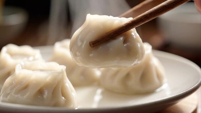 Close Up of Chopsticks Holding Hot Steamed Dumpling Over Plate