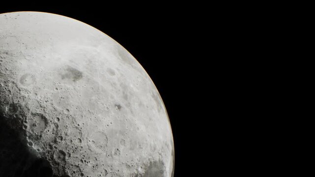 A close view of the moons surface shows craters and textures. This scene captures the moon illuminated against a dark sky at night, perfect for stargazing or lunar study.
