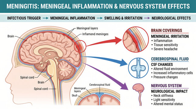 Meningitis infographic illustrating inflammation and neurological effects on the brain