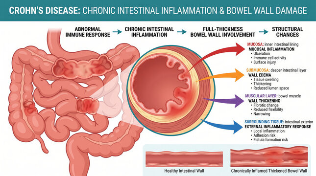 Crohn's disease chronic intestinal inflammation and bowel wall damage illustration