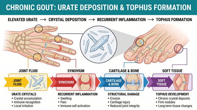 Chronic gout urate deposition and tophus formation in joints explained