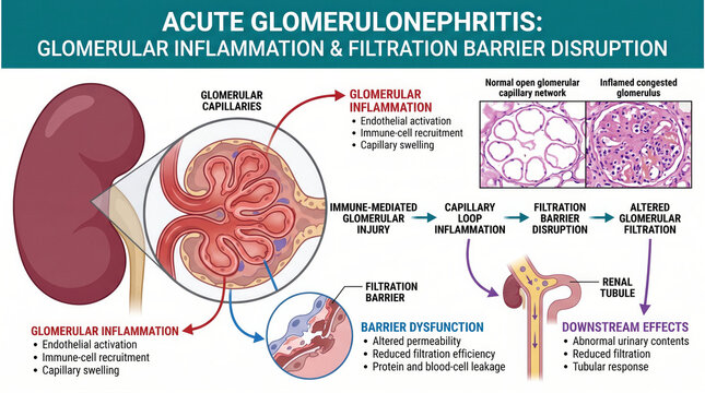 Diagram illustrating acute glomerulonephritis and its impact on kidney filtration