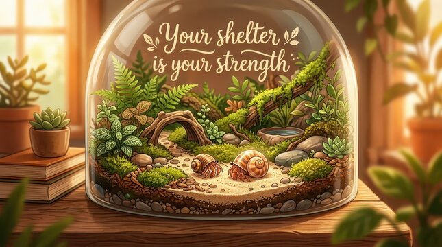 Miniature terrarium ecosystem with snails and motivational quote "Your shelter is your strength" displayed.