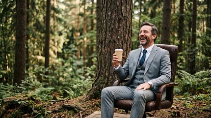Obraz premium Businessman laughing in forest while holding paper cup and sitting on leather chair, expressing happiness during relaxed outdoor work break