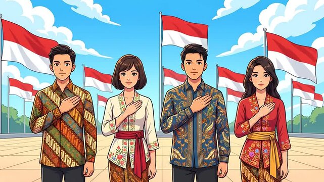 Young Indonesian people in batik clothes standing respectfully before national flags outdoors.