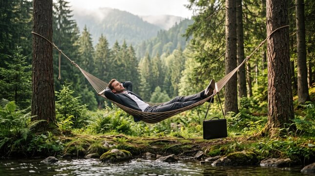 Businessman relaxing in hammock among conifer forest beside mountain stream with peaceful expression and rugged wilderness scenery