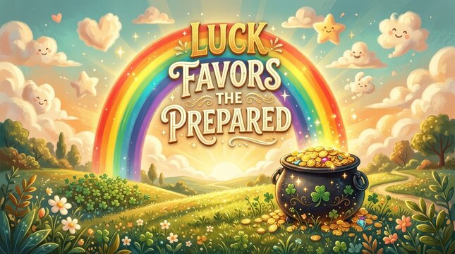 Pot of Gold Under Rainbow with Inspiring Message "Luck Favors the Prepared" and Cute Clouds