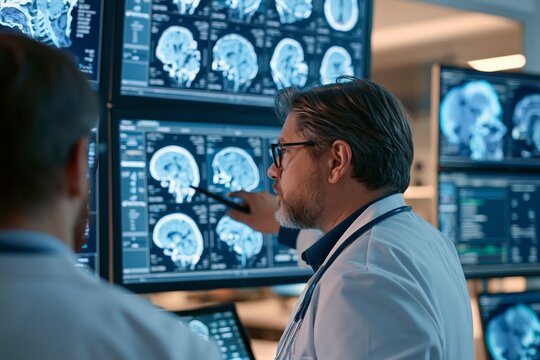 Two male medical specialists in white coats reviewing brain MRI scans on multiple large diagnostic monitors inside a modern imaging room, one pointing with a digital stylus at highlighted anatomical