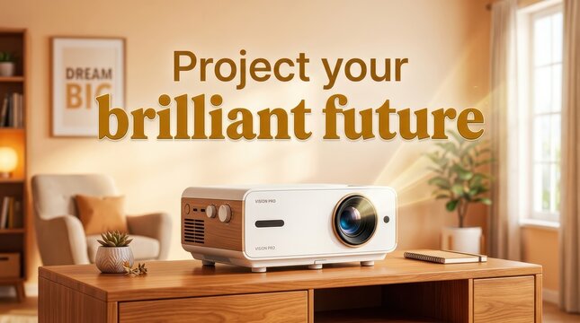 Modern home office with a projector displaying "Project your brilliant future" text, creating an inspiring and motivational atmosphere for business or