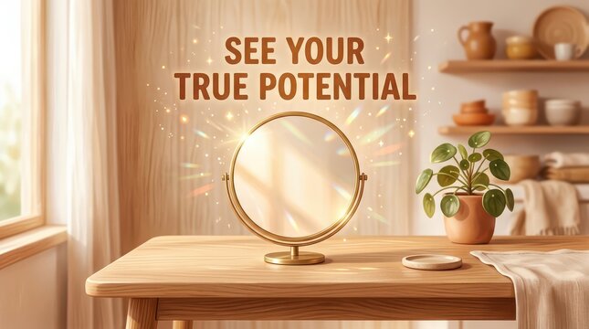 See Your True Potential: Mirror on a table reflecting light and sparkle, symbolizing self-discovery and personal growth