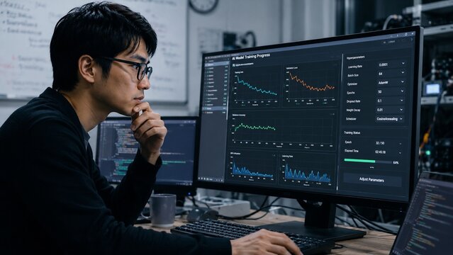 複数のモニターでAIモデルの学習進捗を監視し調整する機械学習エンジニア