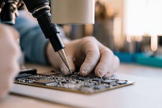Close-up over-the-shoulder view of a technician's gloved hand using a precision soldering iron to attach a tiny electronic component onto a densely populated circuit board