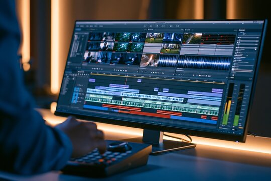 Over shoulder view of male editor working at dimly lit workstation with large monitor showing detailed video editing timeline layered with audio waveforms and multiple footage clips