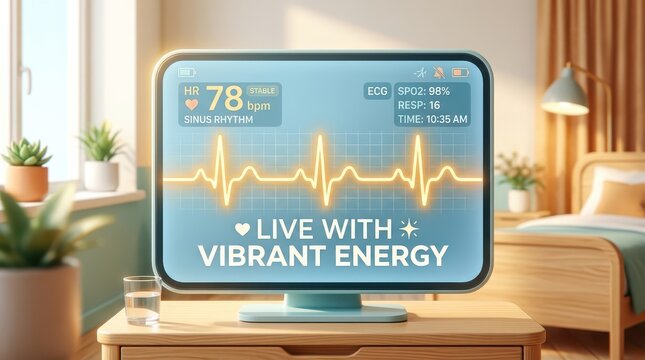 Modern monitor displaying vital signs including heart rate and ECG waveform, symbolizing health and wellness in a home setting