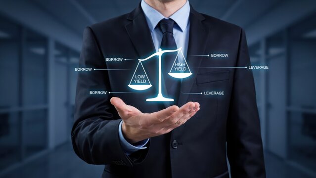 Businessman holding digital scale of financial concepts