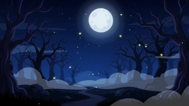 Spooky haunted forest at night with glowing fireflies, mist, and full moon background animation