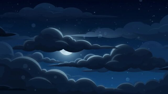 Dark night sky background with moving heavy clouds and glowing full moon loop animation
