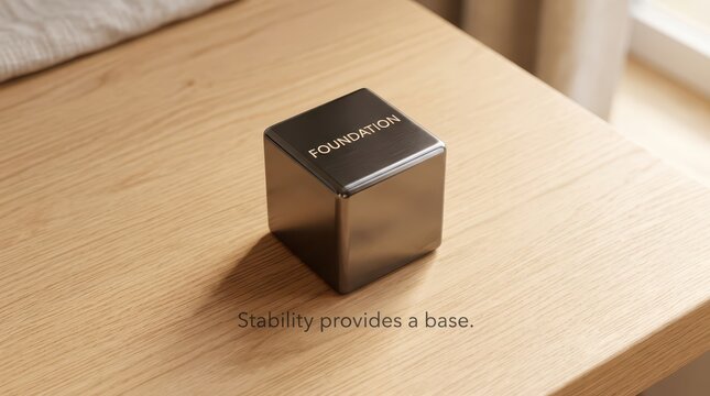 Modern sleek dark foundation cube with text "FOUNDATION" sits on a wooden table, representing stability and base