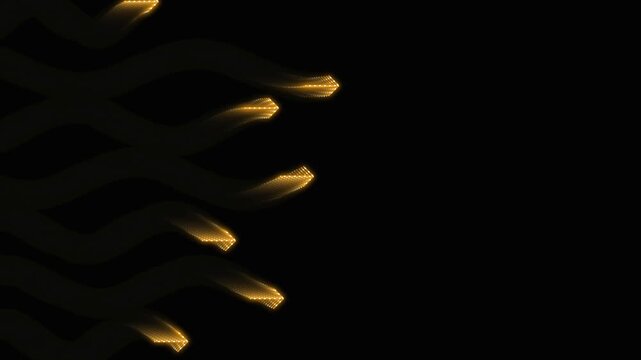 Glowing digital golden arrows moving in rhythmic wavy patterns across dark black space creating a dynamic motion animation sequence for modern technological and abstract design concepts