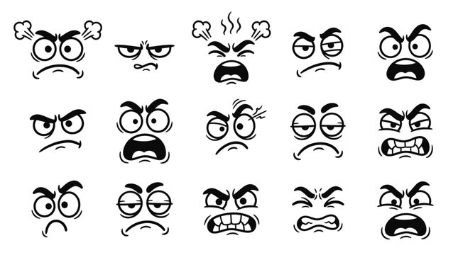 Black and white illustrative set of various angry emoji face expressions on white