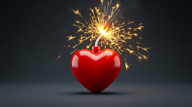 Red glossy heart shaped bomb with burning lit fuse throwing golden sparks