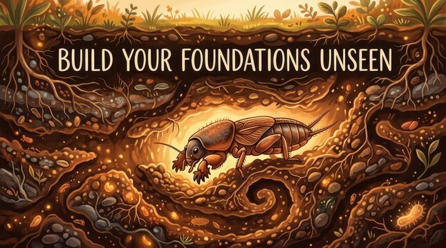 Mole Cricket and Intricate Root System, Symbolizing Unseen Foundations and Growth Beneath the Surface