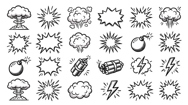 Versatile cartoon explosion icons set with comic book elements and blast effects for modern design