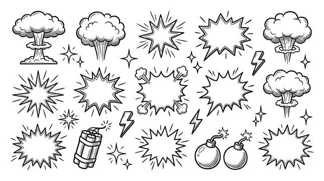 Comic book explosion speech bubble and bomb doodle icons set line art vector illustration