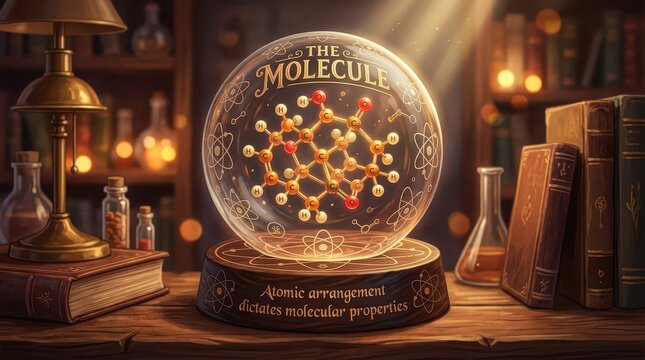 Molecular structure in a crystal ball, illuminated by a vintage lamp, in a vintage library setting with old books and flasks.