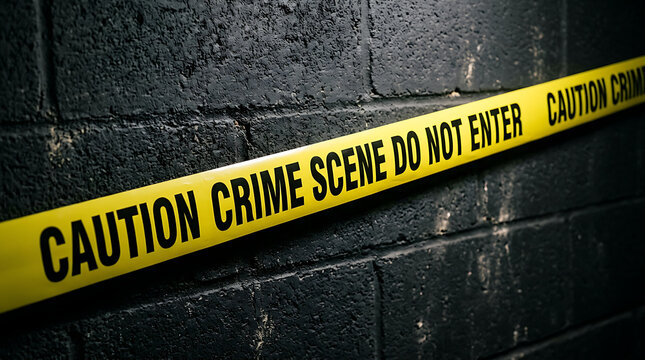 Crime scene caution tape stretched across a dark gritty brick wall background in urban alley