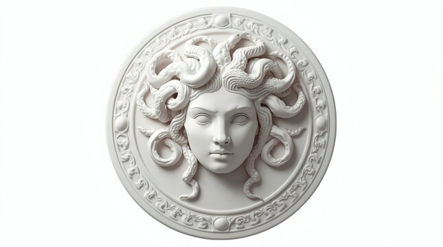 Ancient Greek Medusa Gorgon head relief sculpture with snake hair