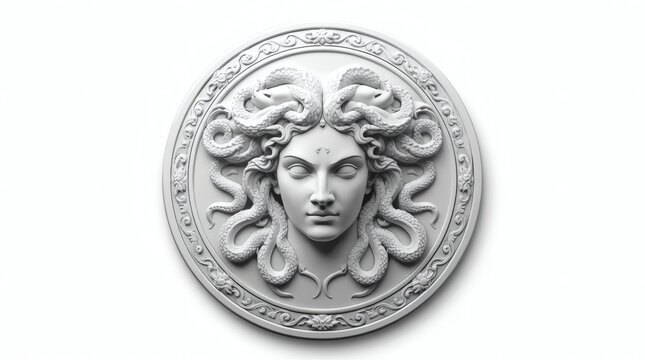 Ancient Greek Medusa bas-relief sculpture with serpentine hair and ornate border