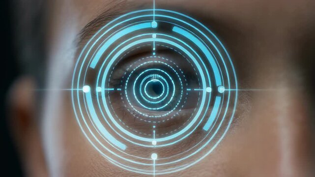 Human eye focusing with digital targeting reticle during biometric scan in cinematic close-up