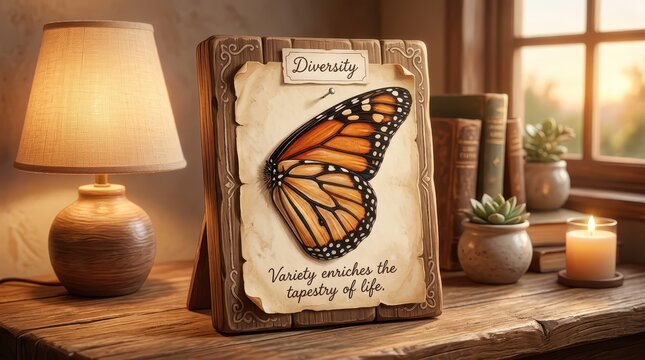 Monarch Butterfly Display on Wooden Easel with "Diversity" and "Variety Enriches the Tapestry of Life" quotes, illuminated by a warm lamp and candle,