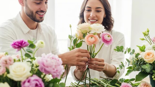 Woman and man selecting flowers for a bouquet. Happy couple carefully adjusting roses and ranunculus stems. Floral design workshop