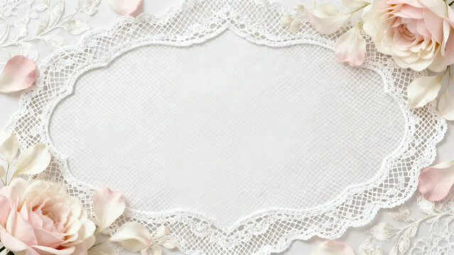 Elegant white lace frame background with pink and white embroidered floral decoration