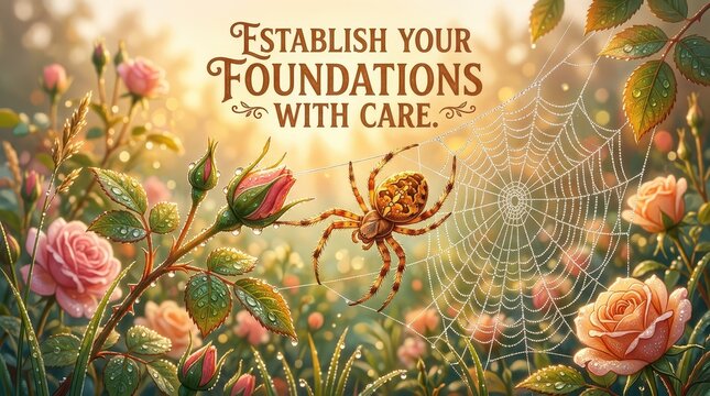 Spider meticulously building a dew-covered web amidst delicate rose blossoms, symbolizing careful foundation building and intricate natural design.