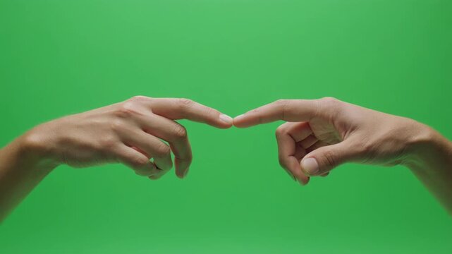 Human hands reaching to touch fingers against green screen cinematic motion concept