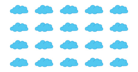 Fototapeta premium Cloud icon set, blue flat sky cloud symbols for weather apps, forecasts, UI elements, climate graphics, infographics, and digital design.