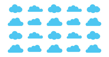 Fototapeta premium Cloud icon set, blue flat sky cloud symbols for weather apps, forecasts, UI elements, climate graphics, infographics, and digital design.