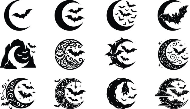 Collection of hand drawn moon and bat icons for spooky halloween graphic design projects