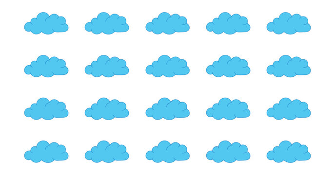 Cloud icon set, blue flat sky cloud symbols for weather apps, forecasts, UI elements, climate graphics, infographics, and digital design.