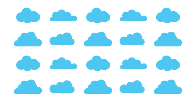 Cloud icon set, blue flat sky cloud symbols for weather apps, forecasts, UI elements, climate graphics, infographics, and digital design.