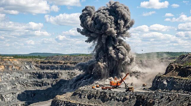 Large scale blasting explosion at an open-pit mine during industrial excavation